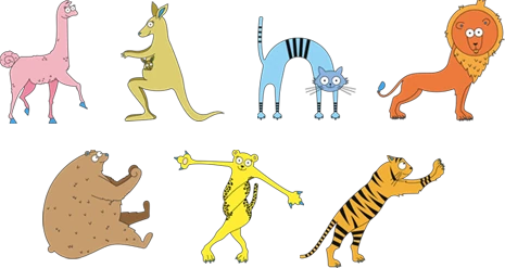 W Ninankach solistami są zwierzęta,  przedstawiające poszczególne wzorce  ruchowe.